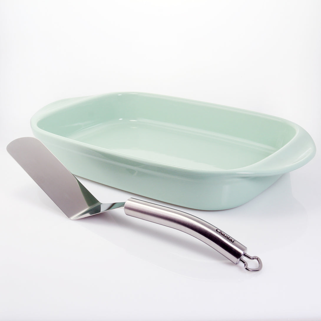 casserole set including medium rectangular baker and narrow spatula in sage green