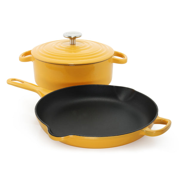 three piece cast iron set including 3 quart marigold dutch oven and 10 inch cast iron skillet